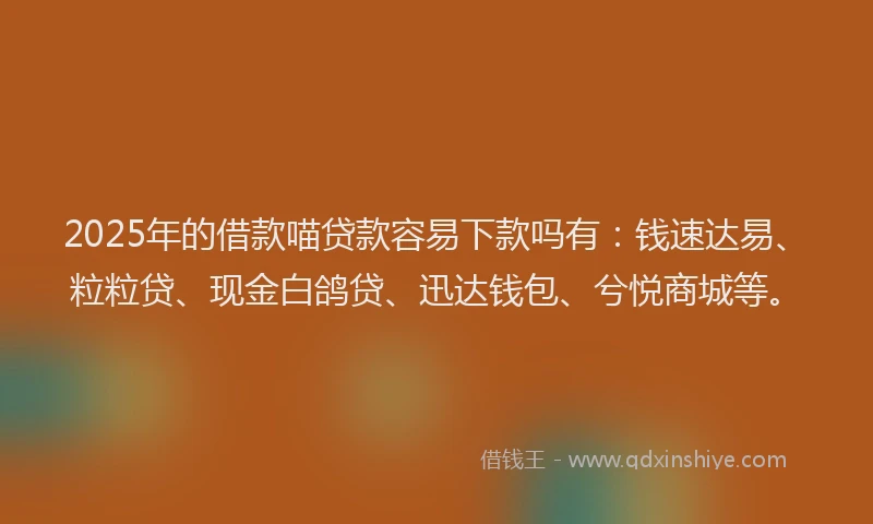 2025年的借款喵贷款容易下款吗有：钱速达易、粒粒贷、现金白鸽贷、迅达钱包、兮悦商城等。
