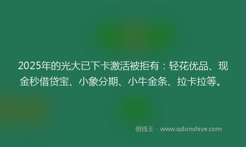 2025年的光大已下卡激活被拒有：轻花优品、现金秒借贷宝、小象分期、小牛金条、拉卡拉等。