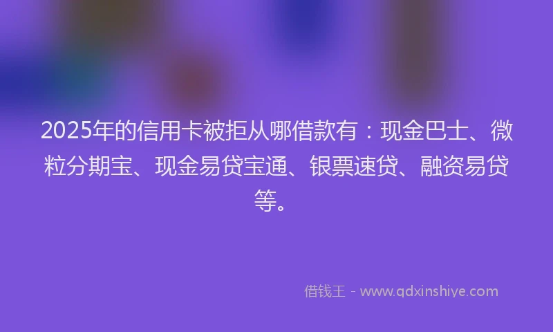 2025年的信用卡被拒从哪借款有：现金巴士、微粒分期宝、现金易贷宝通、银票速贷、融资易贷等。