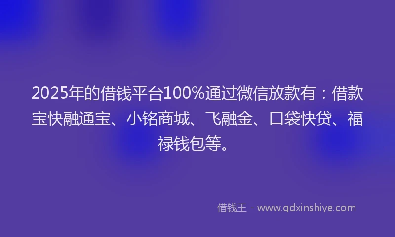 2025年的借钱平台100%通过微信放款有：借款宝快融通宝、小铭商城、飞融金、口袋快贷、福禄钱包等。