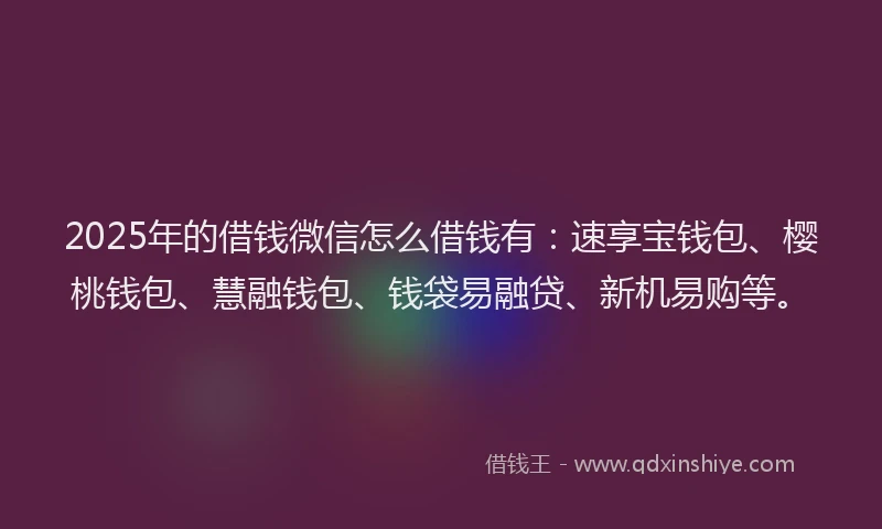 2025年的借钱微信怎么借钱有：速享宝钱包、樱桃钱包、慧融钱包、钱袋易融贷、新机易购等。