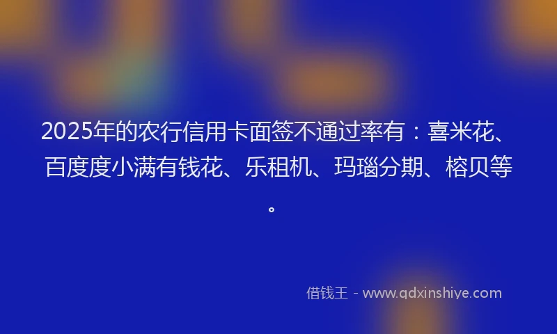 2025年的农行信用卡面签不通过率有：喜米花、百度度小满有钱花、乐租机、玛瑙分期、榕贝等。