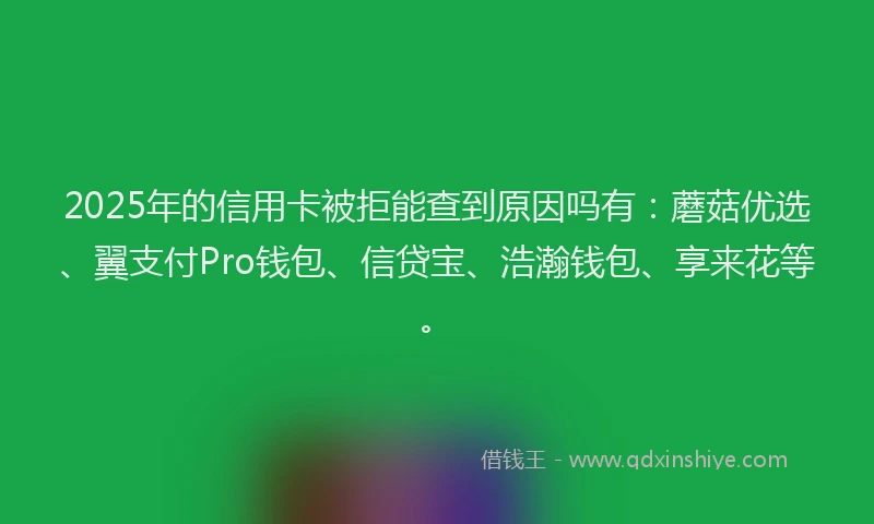 2025年的信用卡被拒能查到原因吗有：蘑菇优选、翼支付Pro钱包、信贷宝、浩瀚钱包、享来花等。