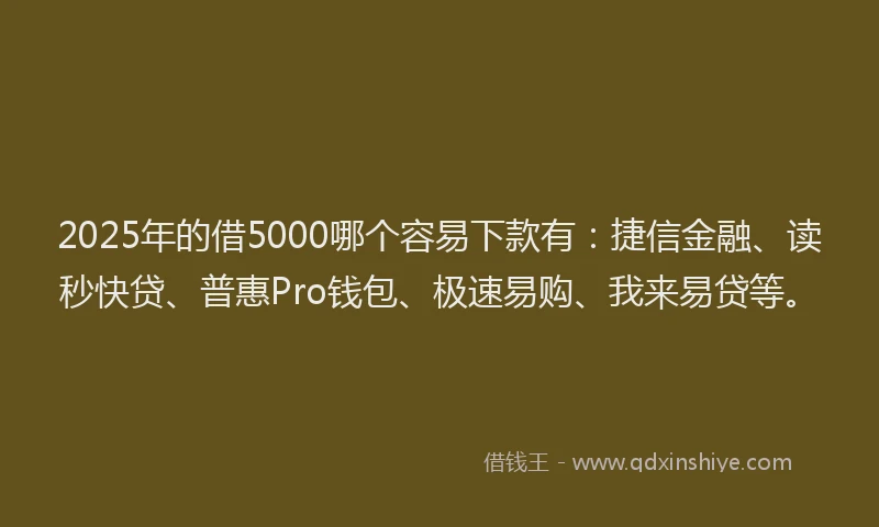 2025年的借5000哪个容易下款有：捷信金融、读秒快贷、普惠Pro钱包、极速易购、我来易贷等。