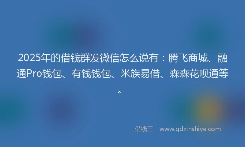 2025年的借钱群发微信怎么说有：腾飞商城、融通Pro钱包、有钱钱包、米族易借、森森花呗通等。
