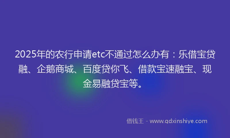 2025年的农行申请etc不通过怎么办有：乐借宝贷融、企鹅商城、百度贷你飞、借款宝速融宝、现金易融贷宝等。