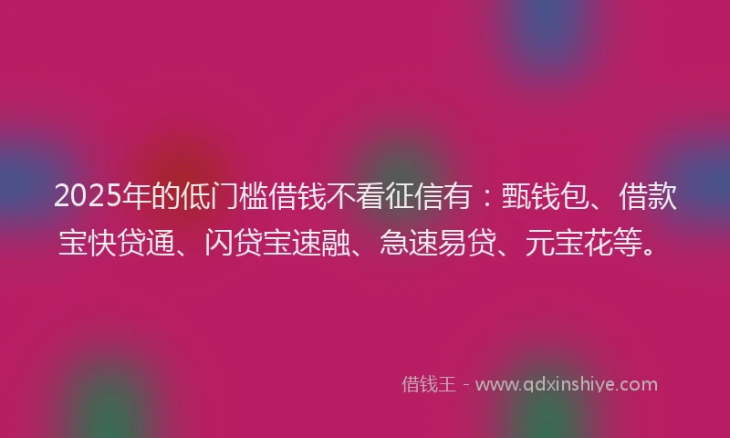 2025年的低门槛借钱不看征信有：甄钱包、借款宝快贷通、闪贷宝速融、急速易贷、元宝花等。