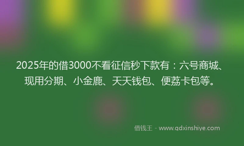 2025年的借3000不看征信秒下款有：六号商城、现用分期、小金鹿、天天钱包、便荔卡包等。