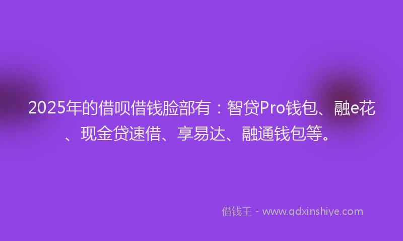 2025年的借呗借钱脸部有：智贷Pro钱包、融e花、现金贷速借、享易达、融通钱包等。