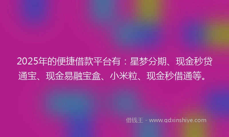 2025年的便捷借款平台有：星梦分期、现金秒贷通宝、现金易融宝盒、小米粒、现金秒借通等。