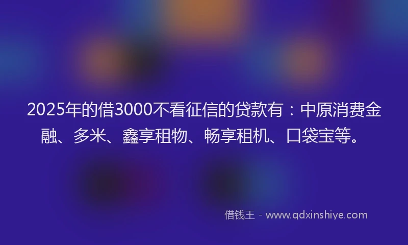 2025年的借3000不看征信的贷款有：中原消费金融、多米、鑫享租物、畅享租机、口袋宝等。