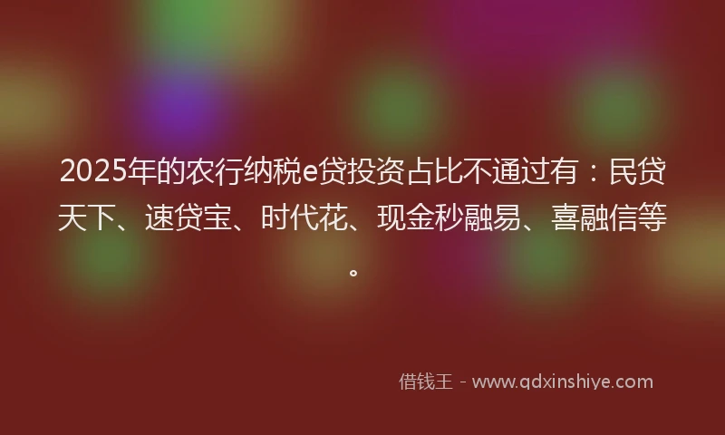 2025年的农行纳税e贷投资占比不通过有：民贷天下、速贷宝、时代花、现金秒融易、喜融信等。