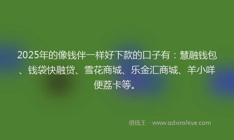 2025年的像钱伴一样好下款的口子有：慧融钱包、钱袋快融贷、雪花商城、乐金汇商城、羊小咩便荔卡等。
