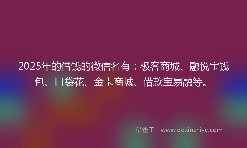 2025年的借钱的微信名有：极客商城、融悦宝钱包、口袋花、金卡商城、借款宝易融等。