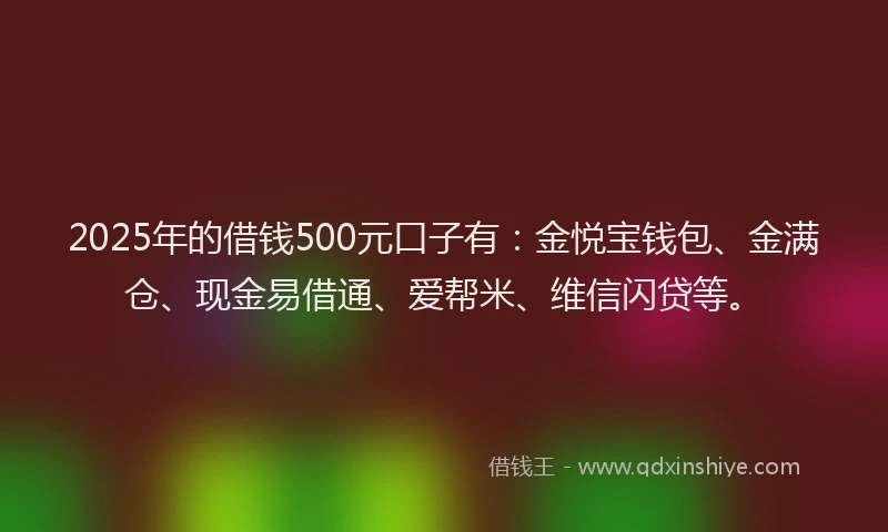 2025年的借钱500元口子有：金悦宝钱包、金满仓、现金易借通、爱帮米、维信闪贷等。