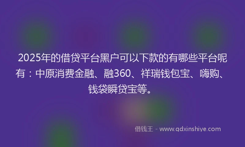 2025年的借贷平台黑户可以下款的有哪些平台呢有：中原消费金融、融360、祥瑞钱包宝、嗨购、钱袋瞬贷宝等。