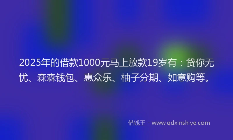 2025年的借款1000元马上放款19岁有：贷你无忧、森森钱包、惠众乐、柚子分期、如意购等。