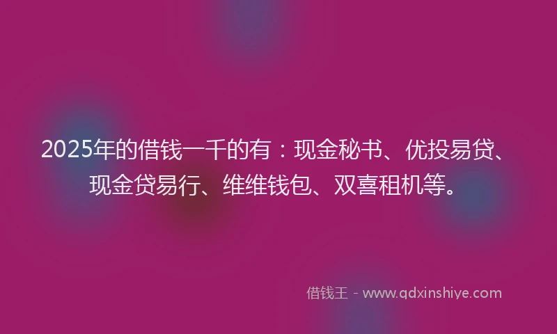 2025年的借钱一千的有：现金秘书、优投易贷、现金贷易行、维维钱包、双喜租机等。