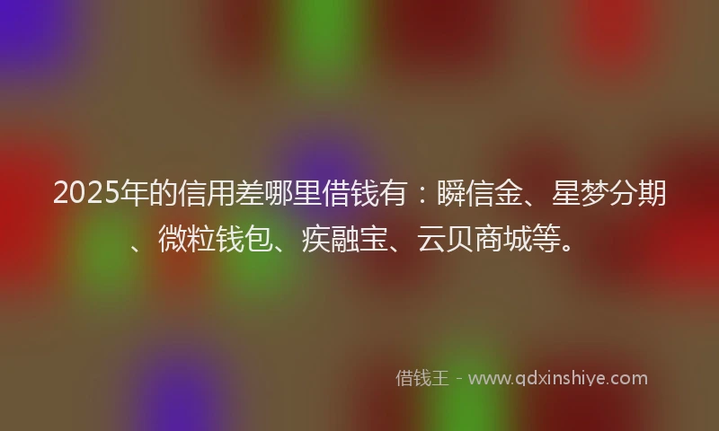 2025年的信用差哪里借钱有：瞬信金、星梦分期、微粒钱包、疾融宝、云贝商城等。