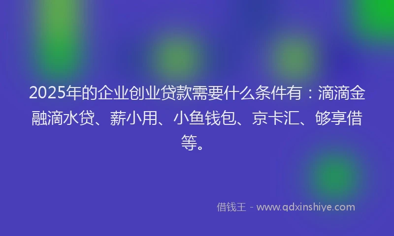 2025年的企业创业贷款需要什么条件有：滴滴金融滴水贷、薪小用、小鱼钱包、京卡汇、够享借等。