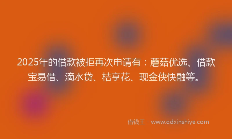 2025年的借款被拒再次申请有：蘑菇优选、借款宝易借、滴水贷、桔享花、现金侠快融等。