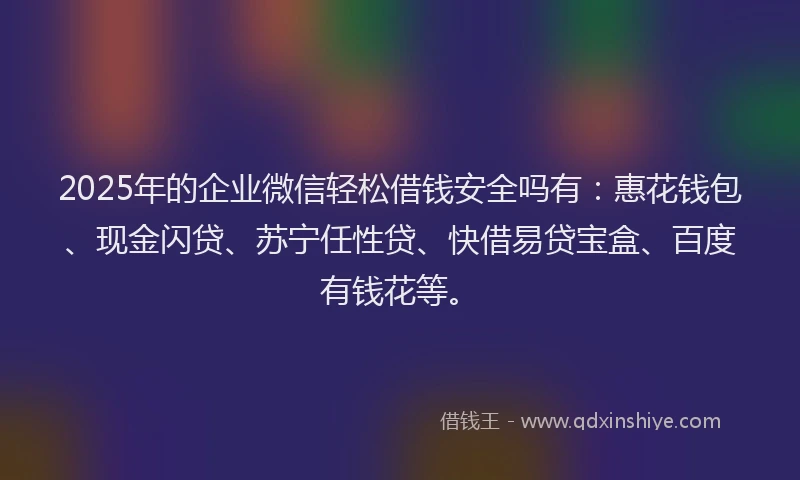 2025年的企业微信轻松借钱安全吗有：惠花钱包、现金闪贷、苏宁任性贷、快借易贷宝盒、百度有钱花等。