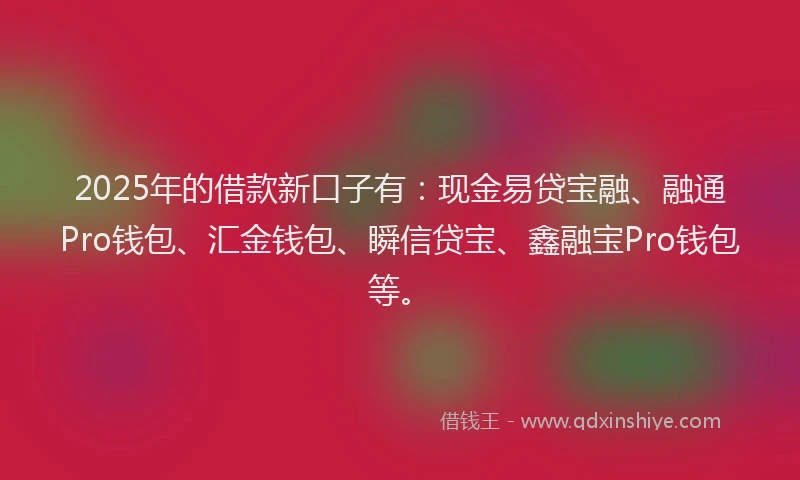 2025年的借款新口子有：现金易贷宝融、融通Pro钱包、汇金钱包、瞬信贷宝、鑫融宝Pro钱包等。