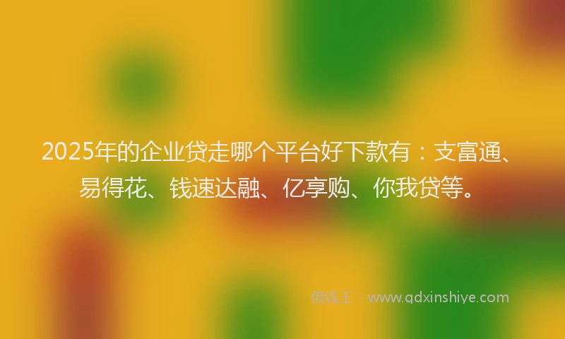 2025年的企业贷走哪个平台好下款有：支富通、易得花、钱速达融、亿享购、你我贷等。