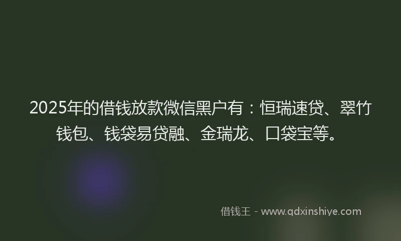 2025年的借钱放款微信黑户有：恒瑞速贷、翠竹钱包、钱袋易贷融、金瑞龙、口袋宝等。