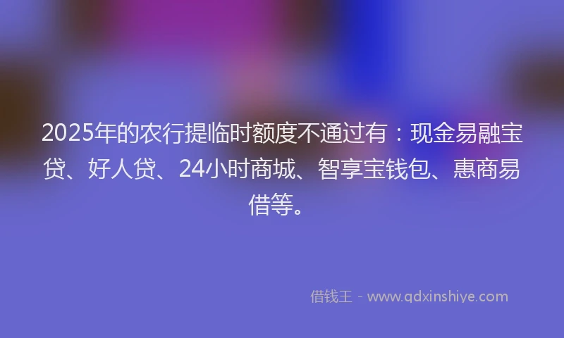2025年的农行提临时额度不通过有：现金易融宝贷、好人贷、24小时商城、智享宝钱包、惠商易借等。