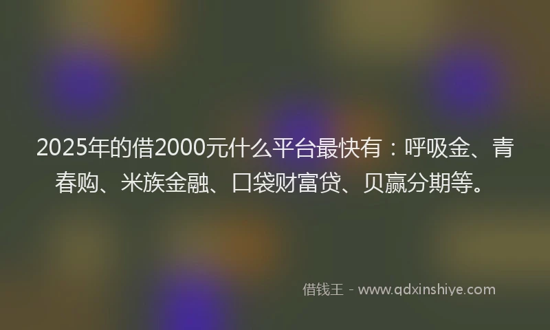 2025年的借2000元什么平台最快有：呼吸金、青春购、米族金融、口袋财富贷、贝赢分期等。