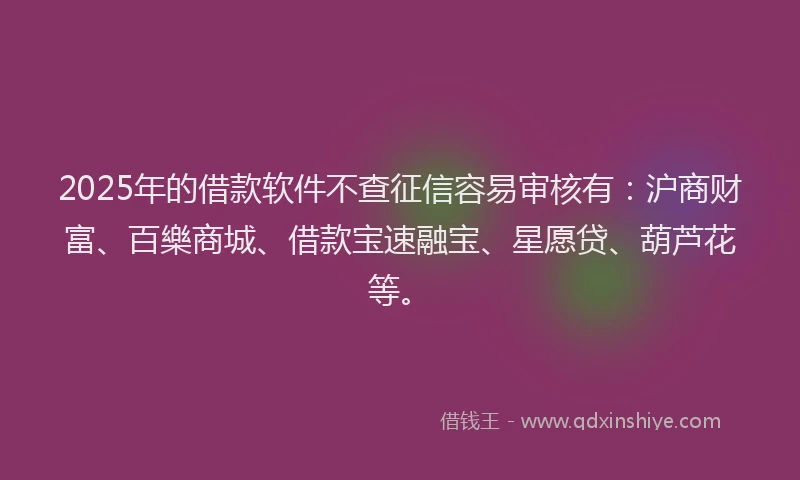 2025年的借款软件不查征信容易审核有：沪商财富、百樂商城、借款宝速融宝、星愿贷、葫芦花等。