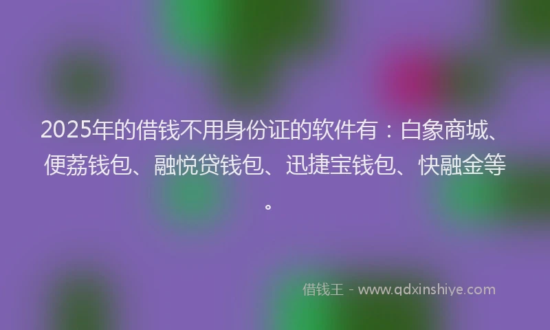 2025年的借钱不用身份证的软件有：白象商城、便荔钱包、融悦贷钱包、迅捷宝钱包、快融金等。