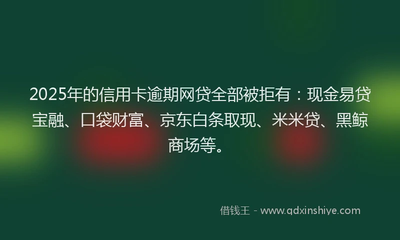 2025年的信用卡逾期网贷全部被拒有：现金易贷宝融、口袋财富、京东白条取现、米米贷、黑鲸商场等。
