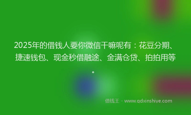 2025年的借钱人要你微信干嘛呢有：花豆分期、捷速钱包、现金秒借融途、金满仓贷、拍拍用等。