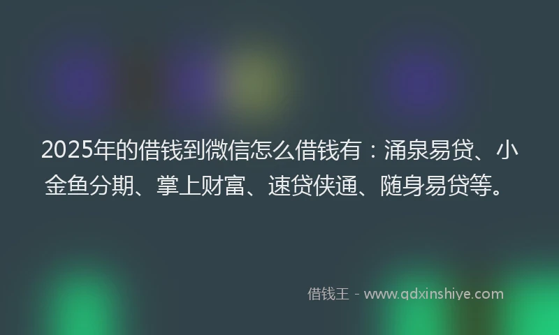 2025年的借钱到微信怎么借钱有：涌泉易贷、小金鱼分期、掌上财富、速贷侠通、随身易贷等。