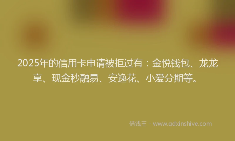 2025年的信用卡申请被拒过有：金悦钱包、龙龙享、现金秒融易、安逸花、小爱分期等。