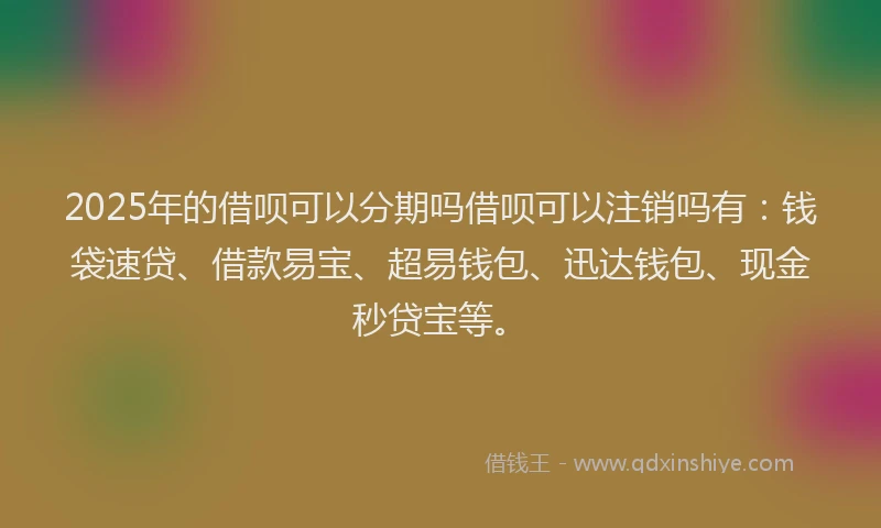 2025年的借呗可以分期吗借呗可以注销吗有：钱袋速贷、借款易宝、超易钱包、迅达钱包、现金秒贷宝等。