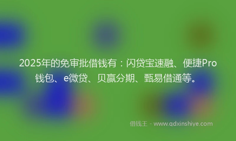 2025年的免审批借钱有：闪贷宝速融、便捷Pro钱包、e微贷、贝赢分期、甄易借通等。