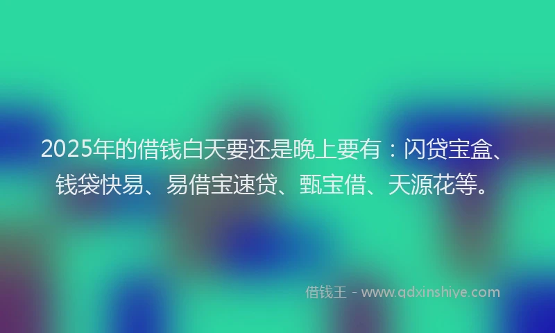 2025年的借钱白天要还是晚上要有：闪贷宝盒、钱袋快易、易借宝速贷、甄宝借、天源花等。