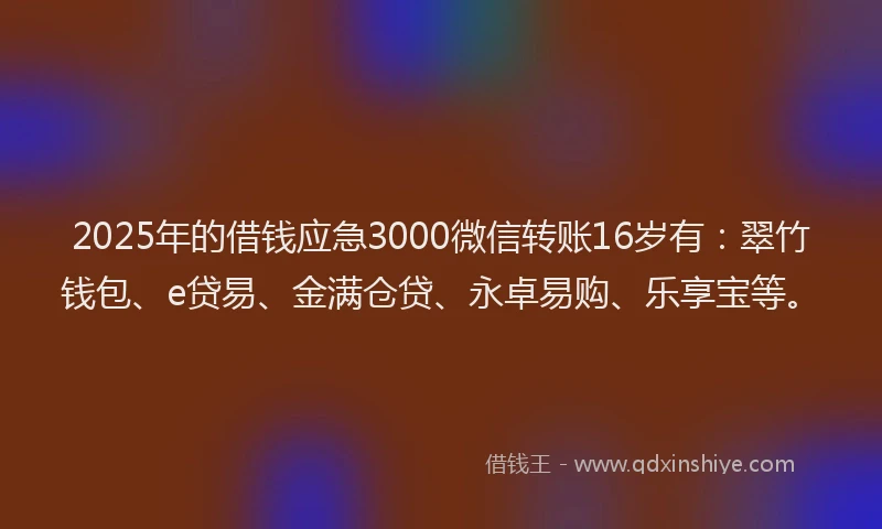 2025年的借钱应急3000微信转账16岁有：翠竹钱包、e贷易、金满仓贷、永卓易购、乐享宝等。