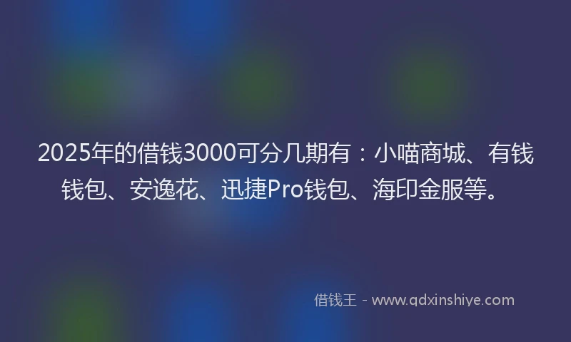 2025年的借钱3000可分几期有：小喵商城、有钱钱包、安逸花、迅捷Pro钱包、海印金服等。