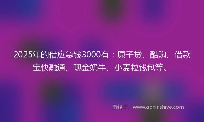2025年的借应急钱3000有：原子贷、酷购、借款宝快融通、现金奶牛、小麦粒钱包等。