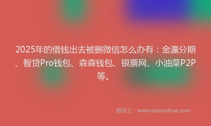 2025年的借钱出去被删微信怎么办有：金瀛分期、智贷Pro钱包、森森钱包、银票网、小油菜P2P等。