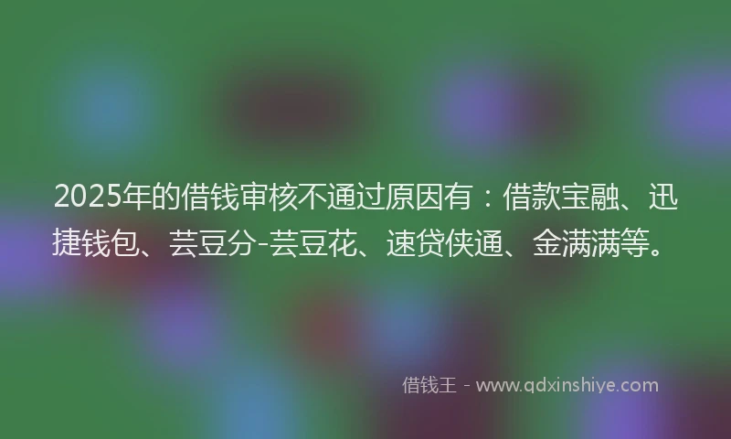 2025年的借钱审核不通过原因有：借款宝融、迅捷钱包、芸豆分-芸豆花、速贷侠通、金满满等。