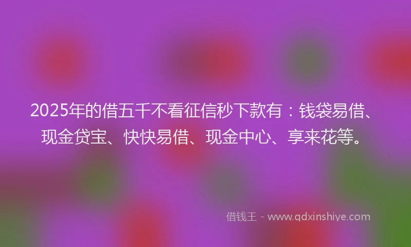 2025年的借五千不看征信秒下款有：钱袋易借、现金贷宝、快快易借、现金中心、享来花等。