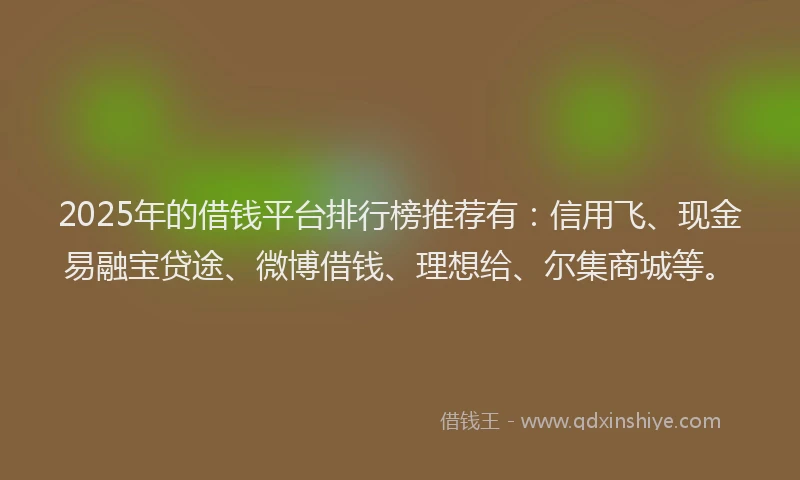 2025年的借钱平台排行榜推荐有：信用飞、现金易融宝贷途、微博借钱、理想给、尔集商城等。