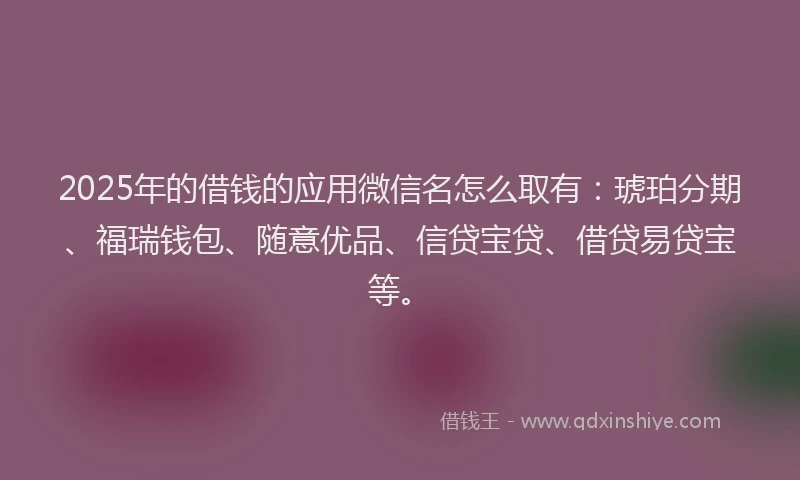 2025年的借钱的应用微信名怎么取有：琥珀分期、福瑞钱包、随意优品、信贷宝贷、借贷易贷宝等。