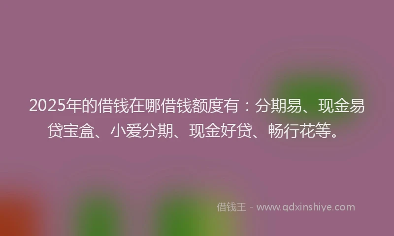 2025年的借钱在哪借钱额度有：分期易、现金易贷宝盒、小爱分期、现金好贷、畅行花等。