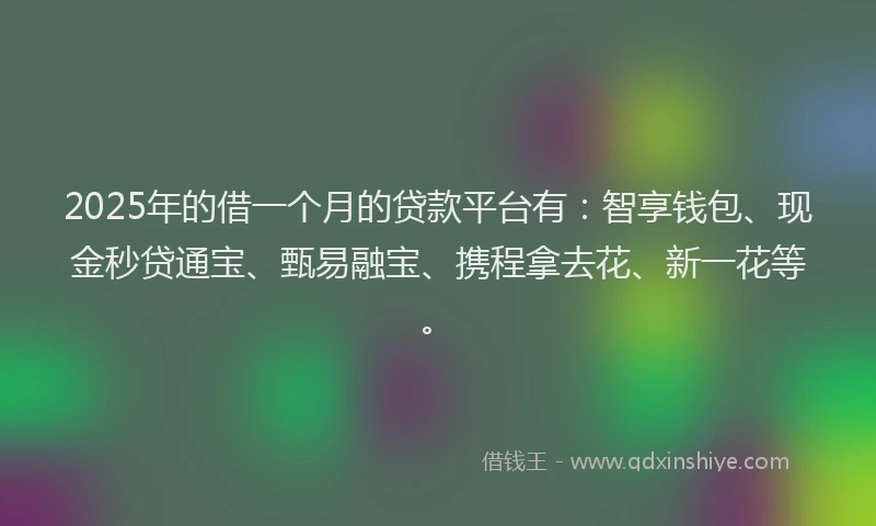 2025年的借一个月的贷款平台有：智享钱包、现金秒贷通宝、甄易融宝、携程拿去花、新一花等。